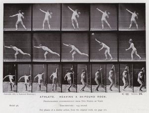 Hareket Halindeki İnsan Figürü: 20 kiloluk bir kayayı kaldıran atlet (s/b fotoğraf) by Eadweard Muybridge