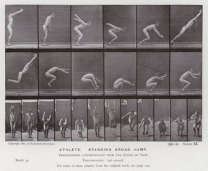 Hareket Halindeki İnsan Figürü: Atlet, ayakta uzun atlama (s/b fotoğraf) by Eadweard Muybridge