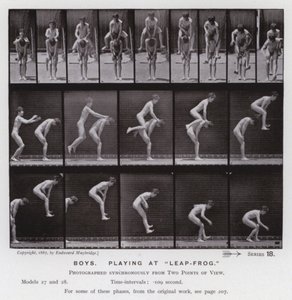 Hareket Halindeki İnsan Figürü: "Leap-Frog"da oynayan çocuklar (s/b fotoğraf) by Eadweard Muybridge