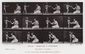 Hareket Halindeki İnsan Figürü: Bir yabancıyı selamlayan çocuk (s/b fotoğraf) by Eadweard Muybridge