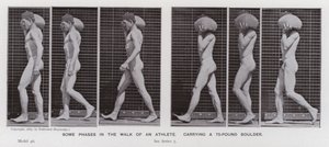 Hareket Halindeki İnsan Figürü: 75 kiloluk bir kaya taşıyan bir sporcunun yürüyüşünün bazı aşamaları (s/b fotoğraf) by Eadweard Muybridge