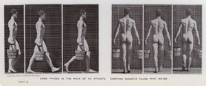 Hareket Halindeki İnsan Figürü: Su dolu kovaları taşıyan bir sporcunun yürüyüşünün bazı aşamaları (s/b fotoğraf) by Eadweard Muybridge