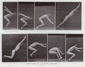 Hareket Halindeki İnsan Figürü: Durarak uzun atlamanın bazı aşamaları (s/b fotoğraf) by Eadweard Muybridge