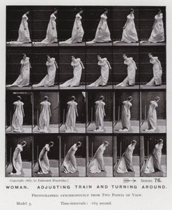 Hareket Halindeki İnsan Figürü: Kadın, treni ayarlıyor ve dönüyor (s/b fotoğraf) by Eadweard Muybridge