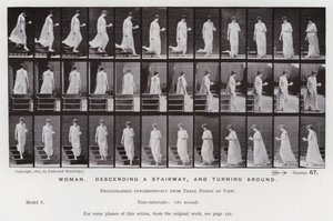 Hareket Halindeki İnsan Figürü: Merdivenden inen ve arkasını dönen kadın (s/b fotoğraf) by Eadweard Muybridge