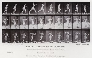 Hareket Halindeki İnsan Figürü: Basamakların üzerinde zıplayan kadın (s/b fotoğraf) by Eadweard Muybridge
