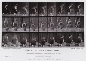 Hareket Halindeki İnsan Figürü: Bir kile sepeti kaldıran kadın (s/b fotoğraf) by Eadweard Muybridge