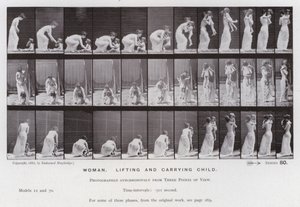 Hareket Halindeki İnsan Figürü: Kadın, çocuğu kaldıran ve taşıyan (s/b fotoğraf) by Eadweard Muybridge