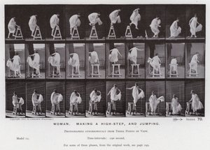 Hareket Halindeki İnsan Figürü: Kadın, yüksek adım atıyor ve zıplıyor (s/b fotoğraf) by Eadweard Muybridge