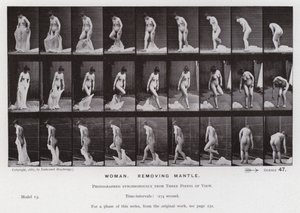 Hareket Halindeki İnsan Figürü: Kadın, mantoyu çıkaran (s/b fotoğraf) by Eadweard Muybridge