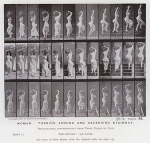 Hareket Halindeki İnsan Figürü: Dönen ve merdivenden çıkan kadın (s/b fotoğraf) by Eadweard Muybridge