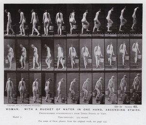 Hareket Halindeki İnsan Figürü: Bir elinde su kovası ile merdivenleri çıkan kadın (s/b fotoğraf) by Eadweard Muybridge