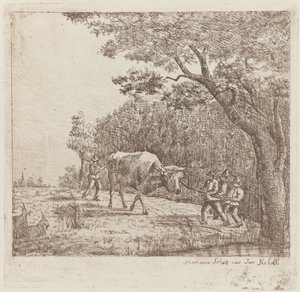 Dört adam ve bir boğa Bir Vahşi Boğa (nesne üzerindeki başlık) by Eberhard Cornelis Rahms