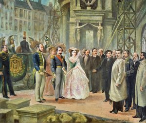 Baron Georges-Eugene Haussmann (1809-91) Napoleon III (1808-73) and Empress Eugenie (1826-1920) Visiting the Workers at the Opera  by Ed. Gilis