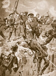 Onbaşı J. Davies ve sekiz adam, daha önce çevrelerini sarmış olan bir Alman grubunu süngüyle bozguna uğratıyorlar (litho)