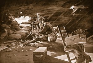 Onbaşı Windell, Neuve Chapelle yakınlarındaki bir evin çatısından makineli tüfek ateşiyle düşmanın saldırısını bölüyor