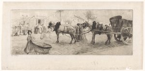 Bir arabanın önüne dizilmiş atların ve çocuk arabası olan bir kadının olduğu bir bulvar manzarası. by Edgar Chahine