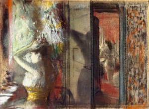 Aktrisler Soyunma Odası, c.1885 (kağıt üzerine gravür üzerine pastel) by Edgar Degas