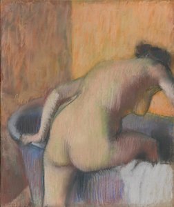 Bather Küvete Basıyor, c.1890 (destek tahtasına monte edilmiş mavi renkli kağıt üzerine pastel ve karakalem)