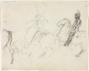 At Sırtında Zırhlı Figürlü Savaş Sahnesi İki Oturan Kadın Verso, 1856-1860. by Edgar Degas