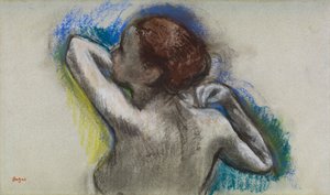 Omuz askısını ayarlayan dansçı, 1895-1900 civarı (kağıt üzerinde kömür ve pastel) by Edgar Degas