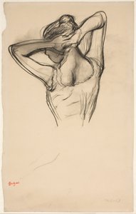 Saçını koyarak dansçı; profilde yarım figür solda, yarım arkadan by Edgar Degas
