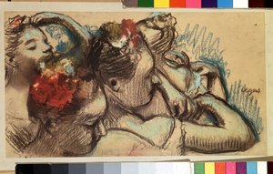 Dansçılar. Balerinler (yıldız dansçılar) sahneye çıkmadan önce soyunma odalarında (sahne arkasında) kıyafetlerini ayarlıyorlar. Edgar Degas