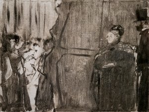Perde arkasında Ludivic Halevy ve Madam Cardinal ile tanışın. 1876-1877 civarında. Monotype siyah mürekkebe sahiptir. by Edgar Degas