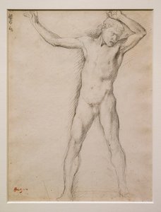 Çıplak yüz, kollar havada, 1859-1861 dolaylarında. Velin kağıt üzerinde grafit. by Edgar Degas
