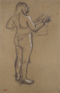 19. yüzyılın sonlarında arkadan görülen bir havluyla kendini kurulayan çıplak kadın by Edgar Degas
