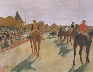 Tribünlerin Önünde Geçit Töreni veya Yarış Atları, c.1866-68 (kağıt üzerinde yağlı boya) by Edgar Degas