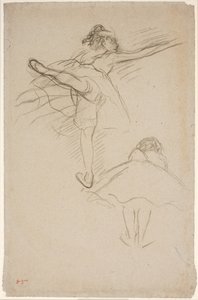 Dansçılar üzerine iki çalışma. Sol bacak üzerinde duran en iyi dansçı; arkadan görülen alt öne eğilmiş dansçı by Edgar Degas