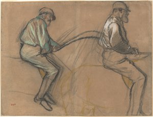 Bir Jokeyin İki Çalışması, c.1884 (kahverengi kağıt üzerine tebeşir, karakalem ve pastel) by Edgar Degas