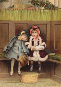 Noel sabahı kilisede iki kız (chromolitho) by Edith S. Berkeley