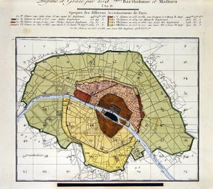 Tarih boyunca şehre yapılan farklı eklemeleri gösteren Atlas du Plan General de la Ville de Paris detayı by Edme Verniquet
