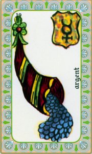 Edmond Billaudot tarafından çizilen büyücü Belline tarafından tarot c. 1845 ve kahin Belline'e yeniden yayınlanması için verildi: para kartı: bolluk boynuzundaki madeni paralar by Edmond Billaudot