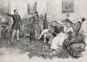 İki kadın ve iki çocuk, korkutucu adamdan korkmuş, Edoardo Matania'nın çiziminden Edmondo De Amicis'in (1846-1908) İtalya'da Askeri Yaşam kitabına yaptığı gravür, L'Illustrazione Italiana'dan, yıl 18, no 7, 15 Şubat by Edmondo de Amicis