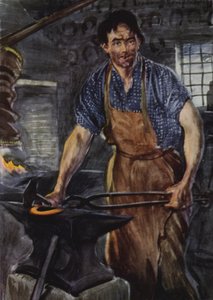 Bir demir parçasına şekil veren vahşi, pis bir adam figürü by Edmund Joseph Sullivan