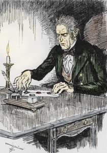 Dr jekyll, katil Bay Hyde olduğunu itiraf ettiği mektubu kapatıyor, Robert Louis Stevenson'ın (1850-1894) yazdığı L'Etrange Cas du dr Jekyll et de Mr Hyde” romanı için Edmund Joseph Sullivan'ın (1869-1933) çizimi, 1927 (Dr Jekyll,
