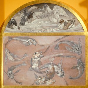 Havuzda balık ve ördekler ile iki parçalı resim (kartta tempera,) by Edoardo Gioja