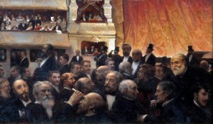 Intermission, Fransız Komedisinde bir prömiyer Seyirciler arasında: küvette, Henri Rochefort ve Leon Gambetta, en üstteki avant-sahne soyunma odasında, Jules Ferry, d