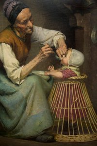 Yaşlı bir kadın, hasır bir yürüteçte tutulan torununu besliyor, Edouard Jerome Paupion by Edouard Jerome Paupion