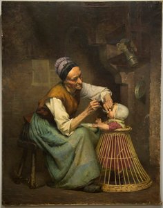 Yaşlı bir kadın, hasır bir yürüteçte tutulan torununu besliyor, Edouard Jerome Paupion by Edouard Jerome Paupion