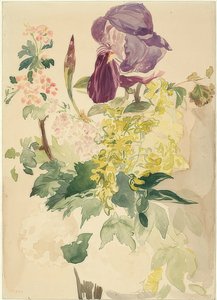 İris, laburnum ve sardunya ile çiçek parçası. 1880 by Édouard Manet