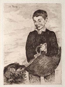 Köpekli çocuk, alışveriş çantasıyla by Édouard Manet