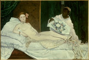 Olympia Genç kadın siyah hizmetçisi ile bir yatakta çıplak bir buket çiçek getiriyor. Edouard Manet (1832-1883) 1863 Güneş