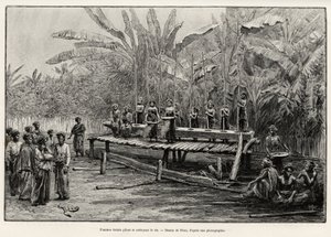 Batak kadınları, kuzey Sumatra etnik grubu, pirinç dövüyor ve temizliyor. Jules Claine (1856-1939) tarafından “Malezya