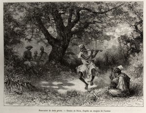 İki griotla tanışın, Kaptan Binger, gölgede oturuyor, gösterinin tadını çıkarıyor. Riou tarafından gravür, Kaptan Louis Gustave Binger