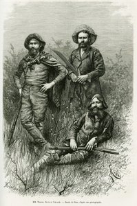 Keşif gezisinin üyeleri: Bay Thouar (uzatarak), Bay Novis (solda duruyor) ve Bay Valverde (sağda duruyor). Voyage dans le Chaco Boreal hikayesini göstermek için Riou tarafından yapılan gravür by Edouard Riou