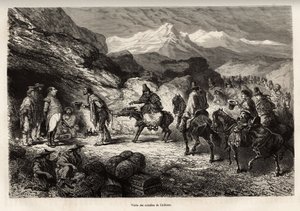 P.Marcoy, Cailloma gölünün yakınında bulunan bir mağarada cin ve karakolda albay olan bir arkadaş bulur, birlikte şehrin ileri gelenlerini ziyaret ederler. , Huarancalqui v by Edouard Riou